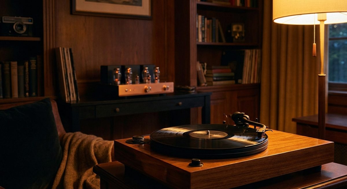 High-End Plattenspieler mit Roehrenverstaerker im stimmungsvollen Abendlicht