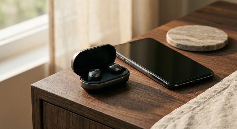 True-Wireless-Earbuds im Ladecase neben Smartphone