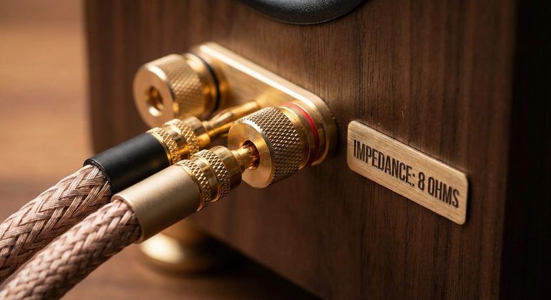 Vergoldete Lautsprecher-Anschlussklemmen mit Impedanz-Label