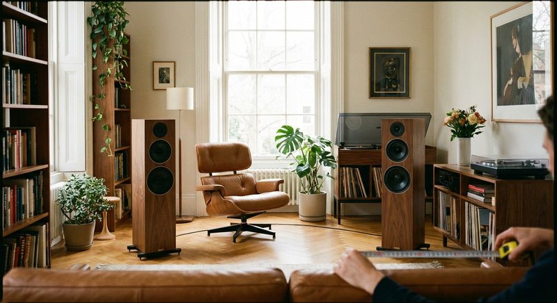 Ideales Stereodreieck mit zwei Standlautsprechern und Hoerplatz