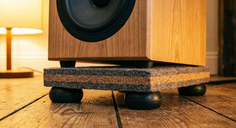 Lautsprecher auf Entkopplungspad fuer bessere Akustik
