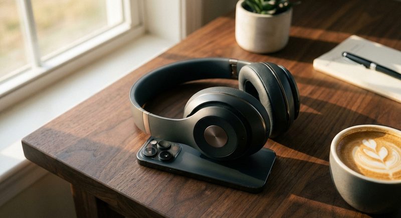 Premium-Kopfhoerer auf Smartphone mit Streaming-App