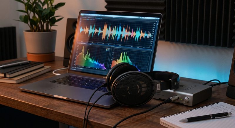 Laptop mit Audio-Wellenform-Analyse und Kopfhoerer