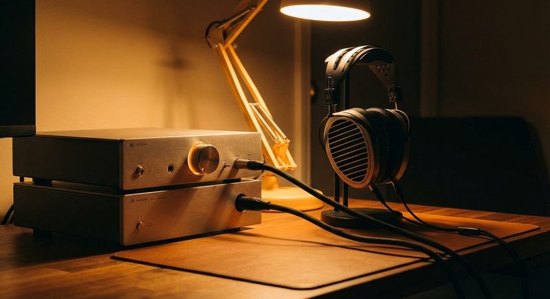 Kopfhoerer-Verstaerker und DAC am Schreibtisch