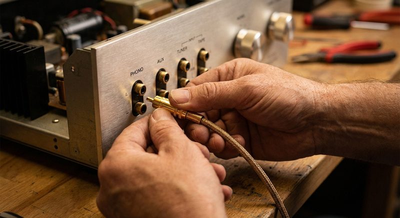 Cinch-Kabel wird in Verstaerker-Rueckseite gesteckt