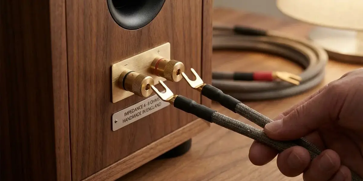 Anschlussterminal eines Lautsprechers mit Impedanzangabe und Kabel