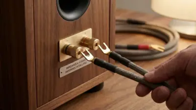 Anschlussterminal eines Lautsprechers mit Impedanzangabe und Kabel