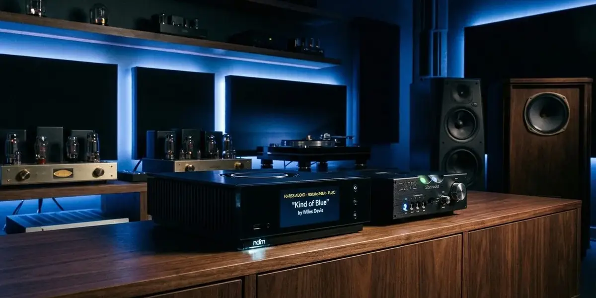 Netzwerk-Streamer mit Display und angeschlossenem DAC im Hörraum