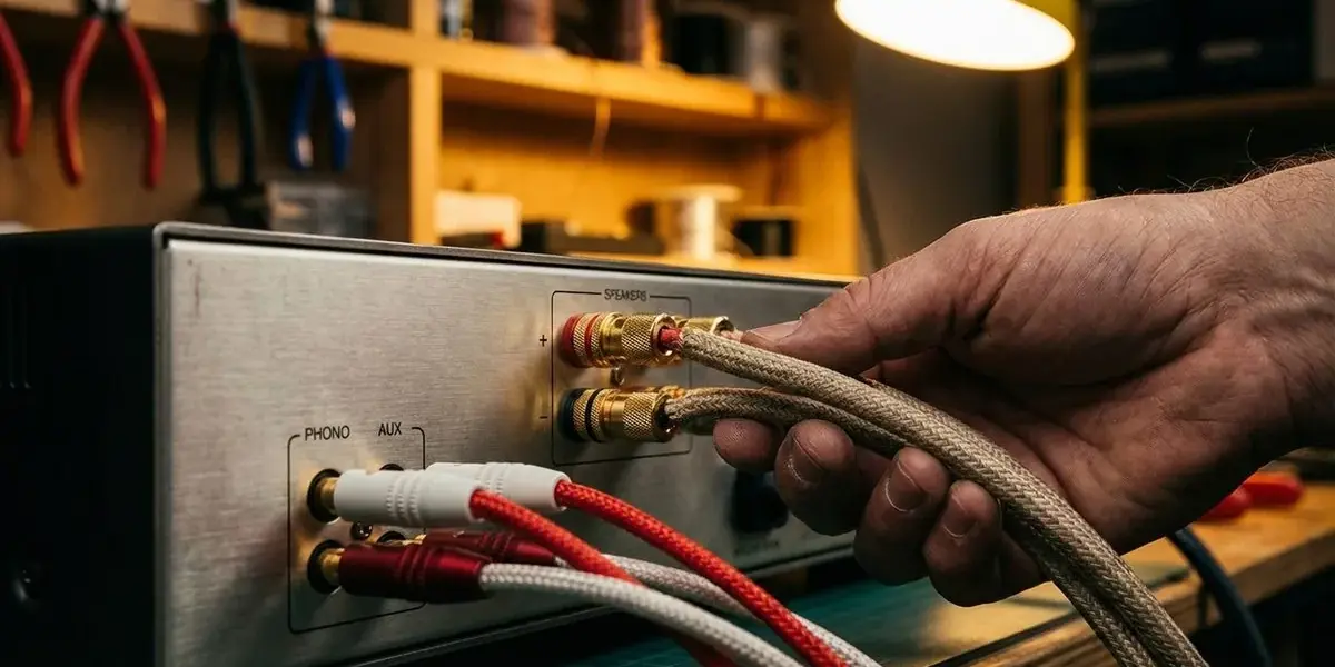 Rückseite eines HiFi-Verstärkers mit Lautsprecherklemmen und Cinch-Eingängen beim Anschließen