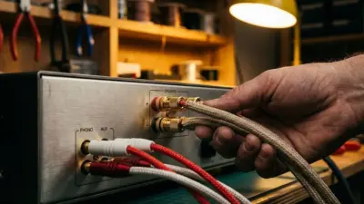 Rückseite eines HiFi-Verstärkers mit Lautsprecherklemmen und Cinch-Eingängen beim Anschließen
