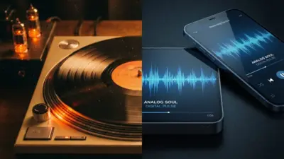 Geteilte Ansicht: links ein laufender Plattenspieler, rechts ein digitaler Streamer mit Wellenform