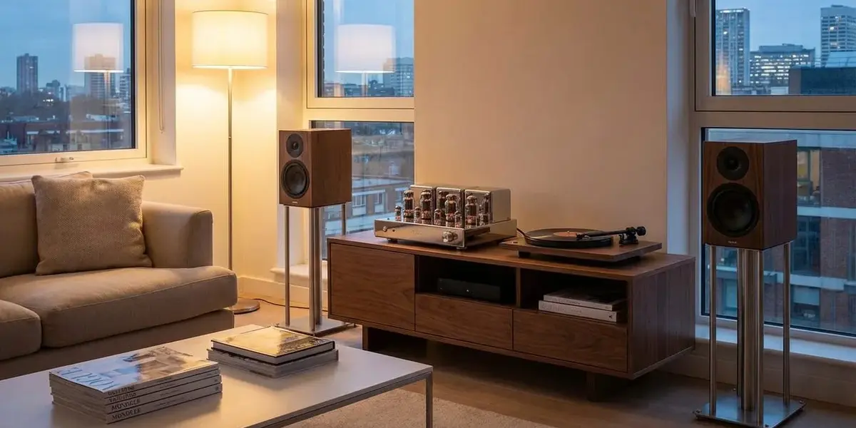 HiFi-Anlage im Wohnzimmer mit Röhrenverstärker, Regallautsprechern und Plattenspieler