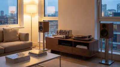 HiFi-Anlage im Wohnzimmer mit Röhrenverstärker, Regallautsprechern und Plattenspieler